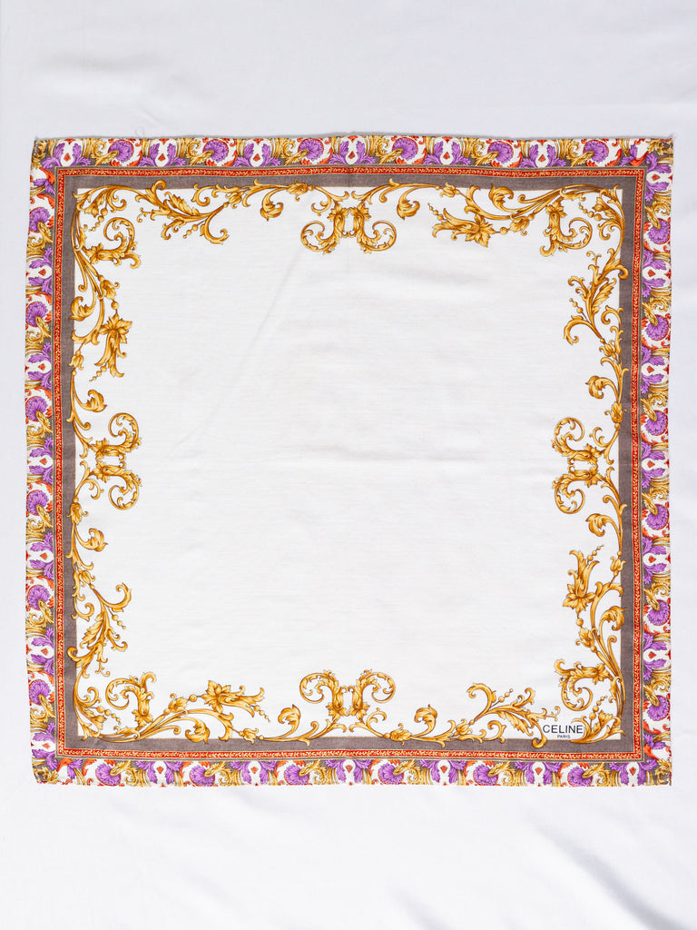 Vintage Purple Floral Border White Cotton Handkerchief