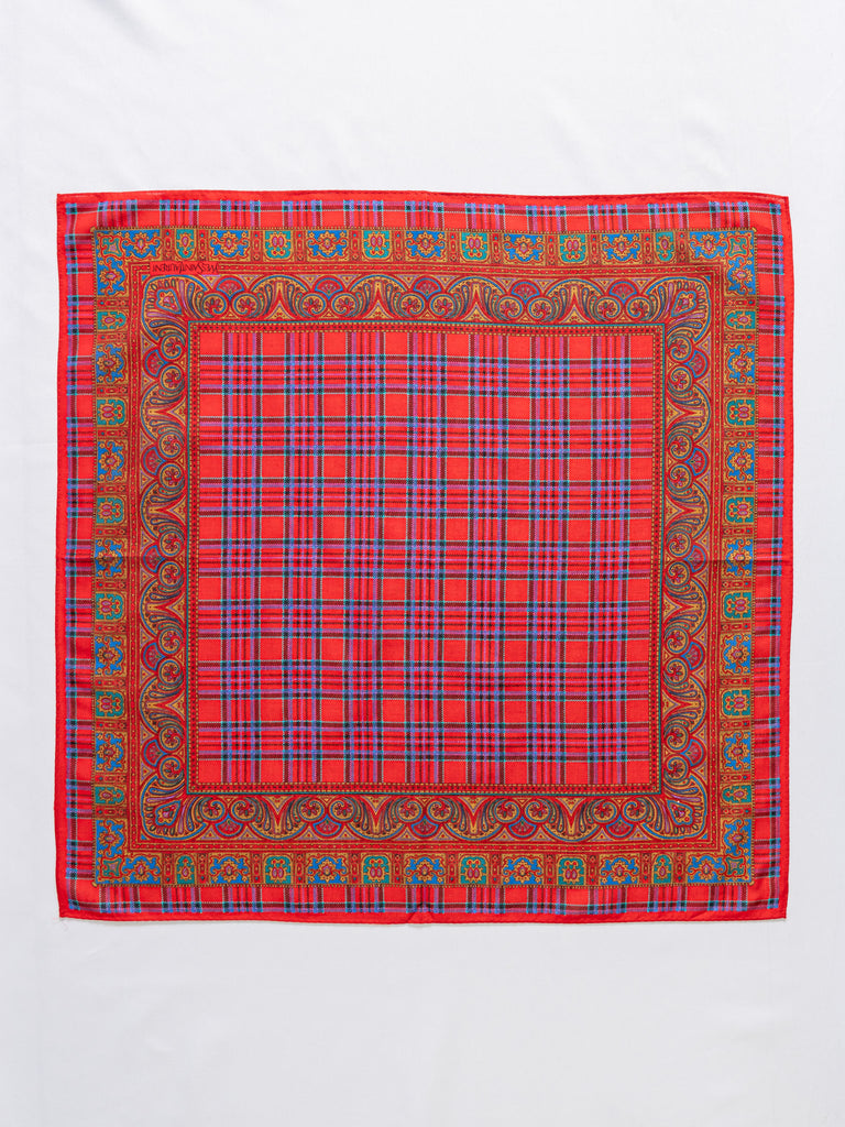 Vintage Red Check Double Paisley Border Cotton Handkerchief