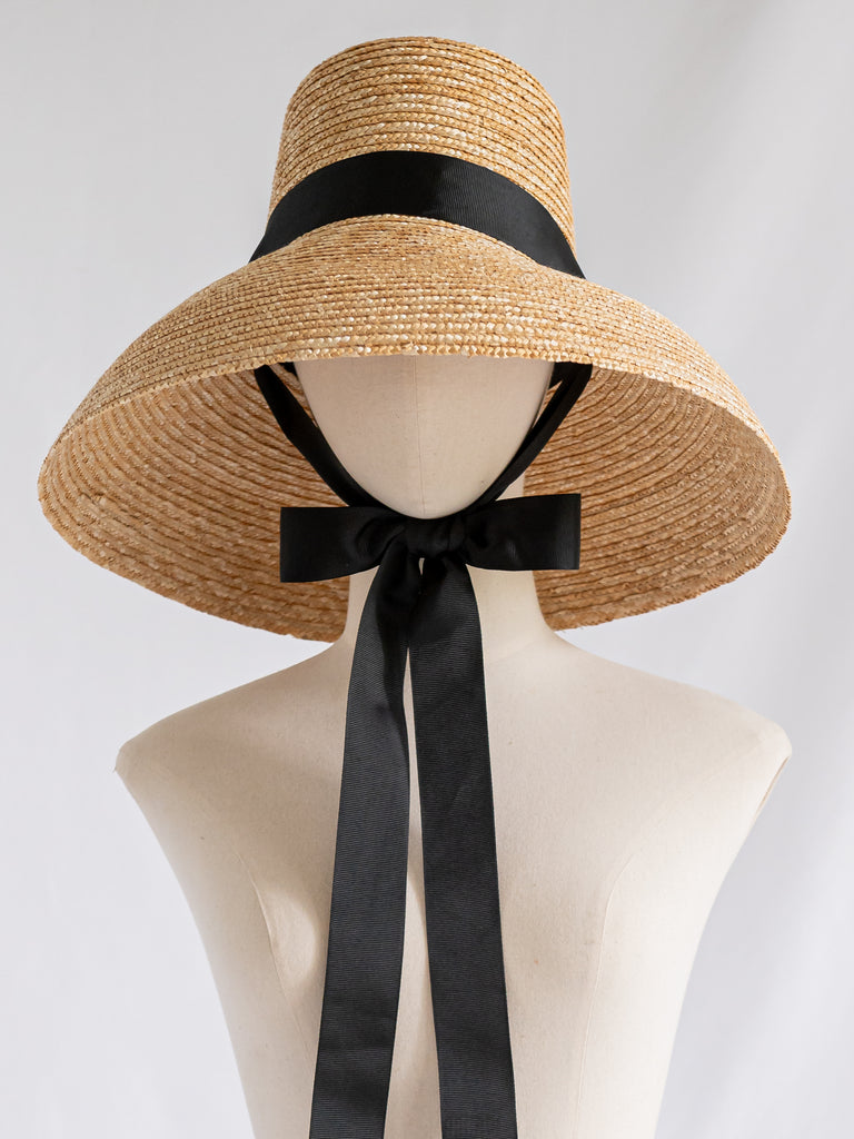 Vintage Rice Straw Sleek Black Chin Strap Bucket Hat