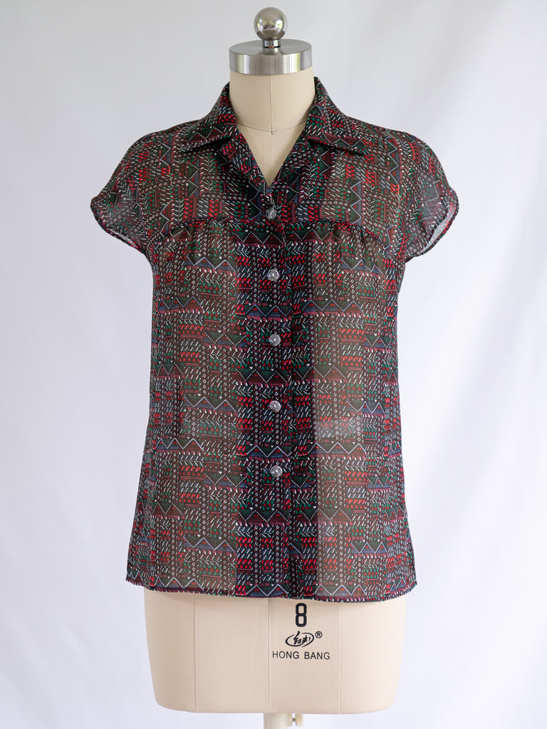 Vintage Red and Green Abstract Print Chiffon Blouse