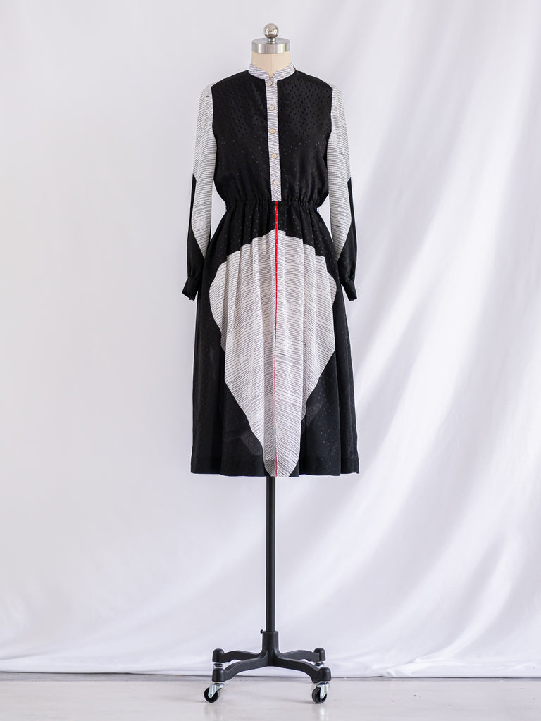 Vintage Chinese Collared Black and White Chiffon Midi Dress