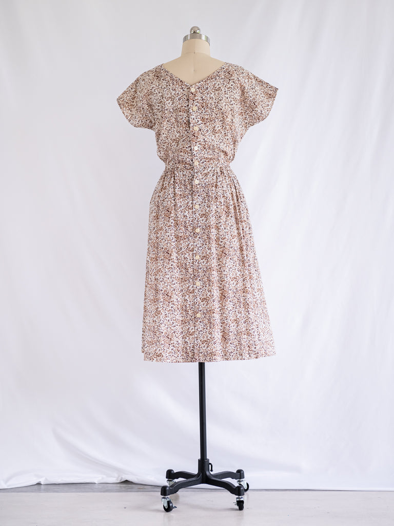 Vintage White Short Sleeved Brown Rose Print Cotton Midi Dress
