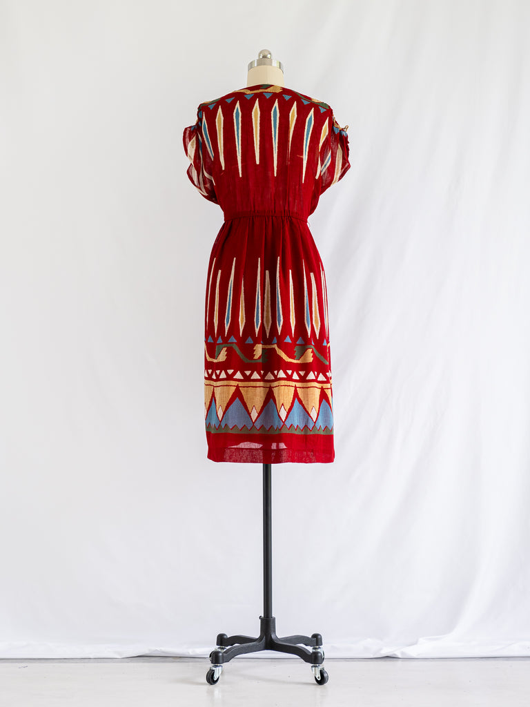 Vintage Polyester Red Tribal Print Midi Dress