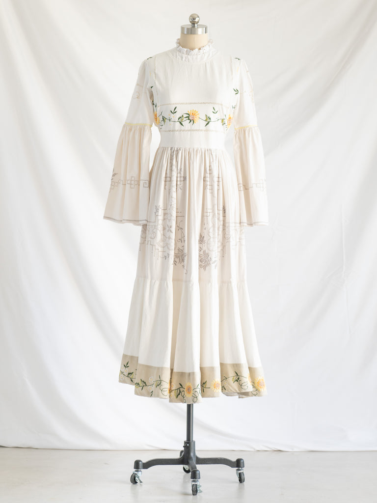 Re-design Upcycled Sunflower Embroidered Beige Border Maxi Dress