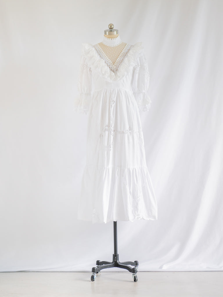 Re-design Upcycled Cotton V-neck Lace Detailed White Maxi Dress