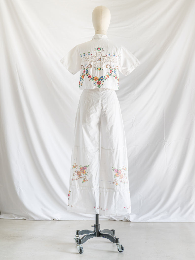 Re-Top and Trousers Floral Embroidered Cross-stitch Set