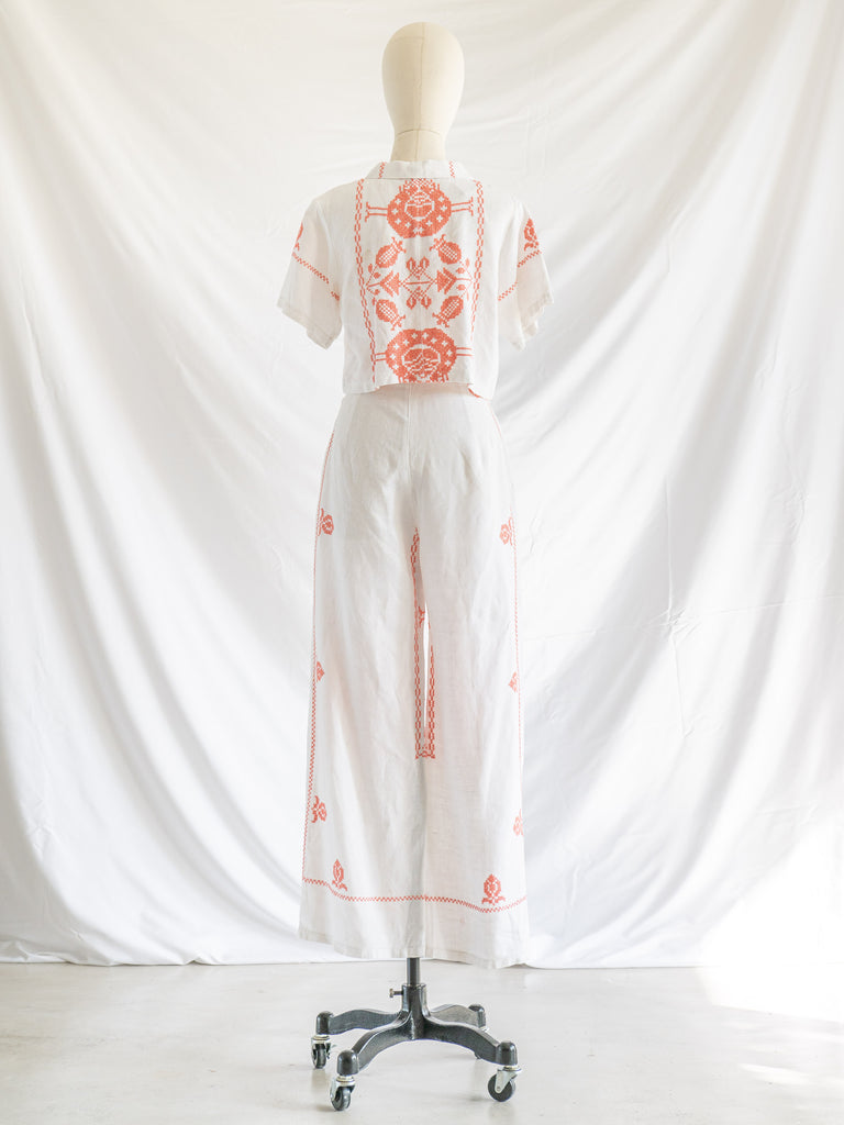 Re-top and Trousers Orange Blossom Embroidery Half Sleeve Set