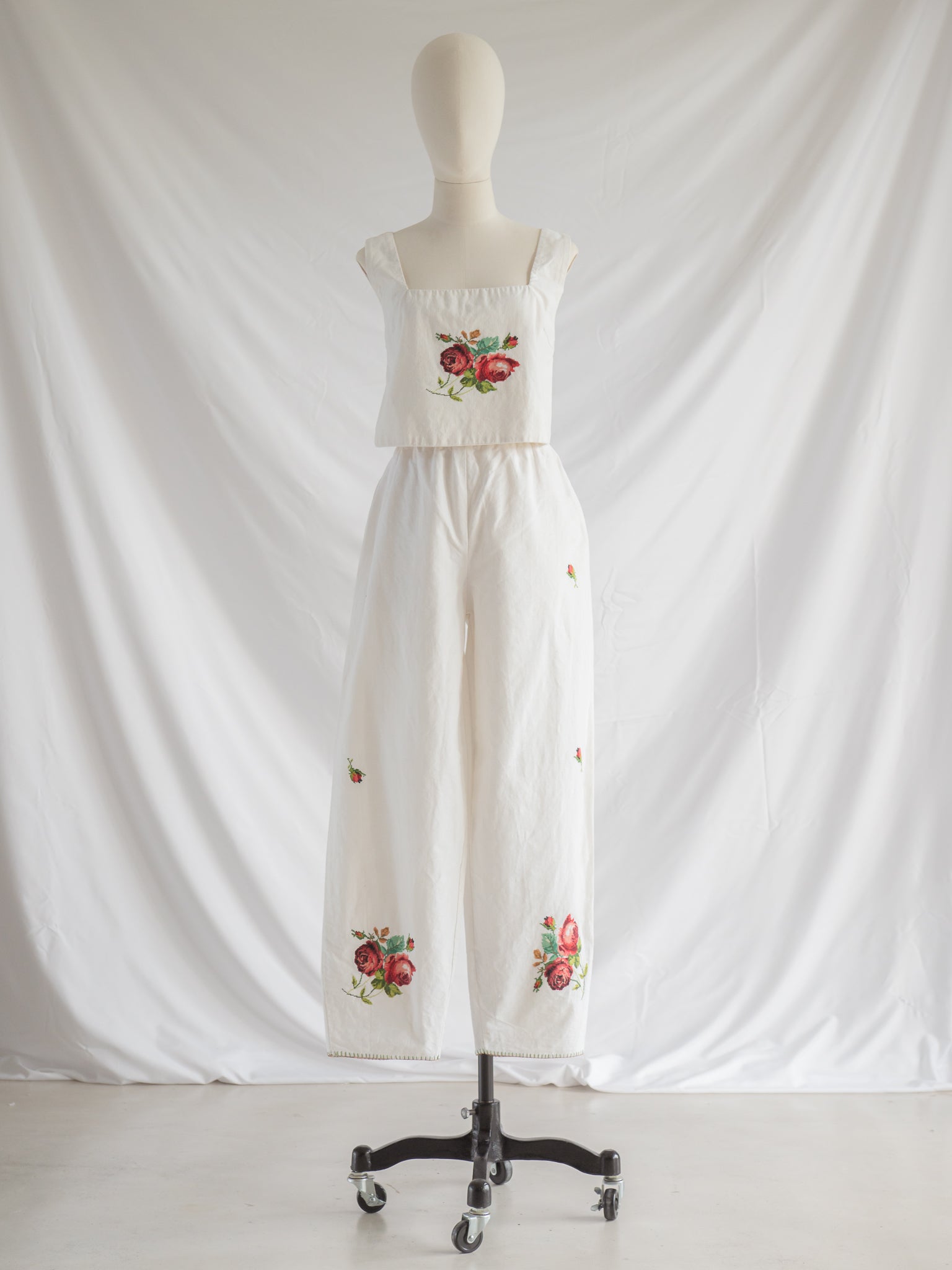 Re-design Upcycled Red Rose Embroidered Crop Top Trouser Set