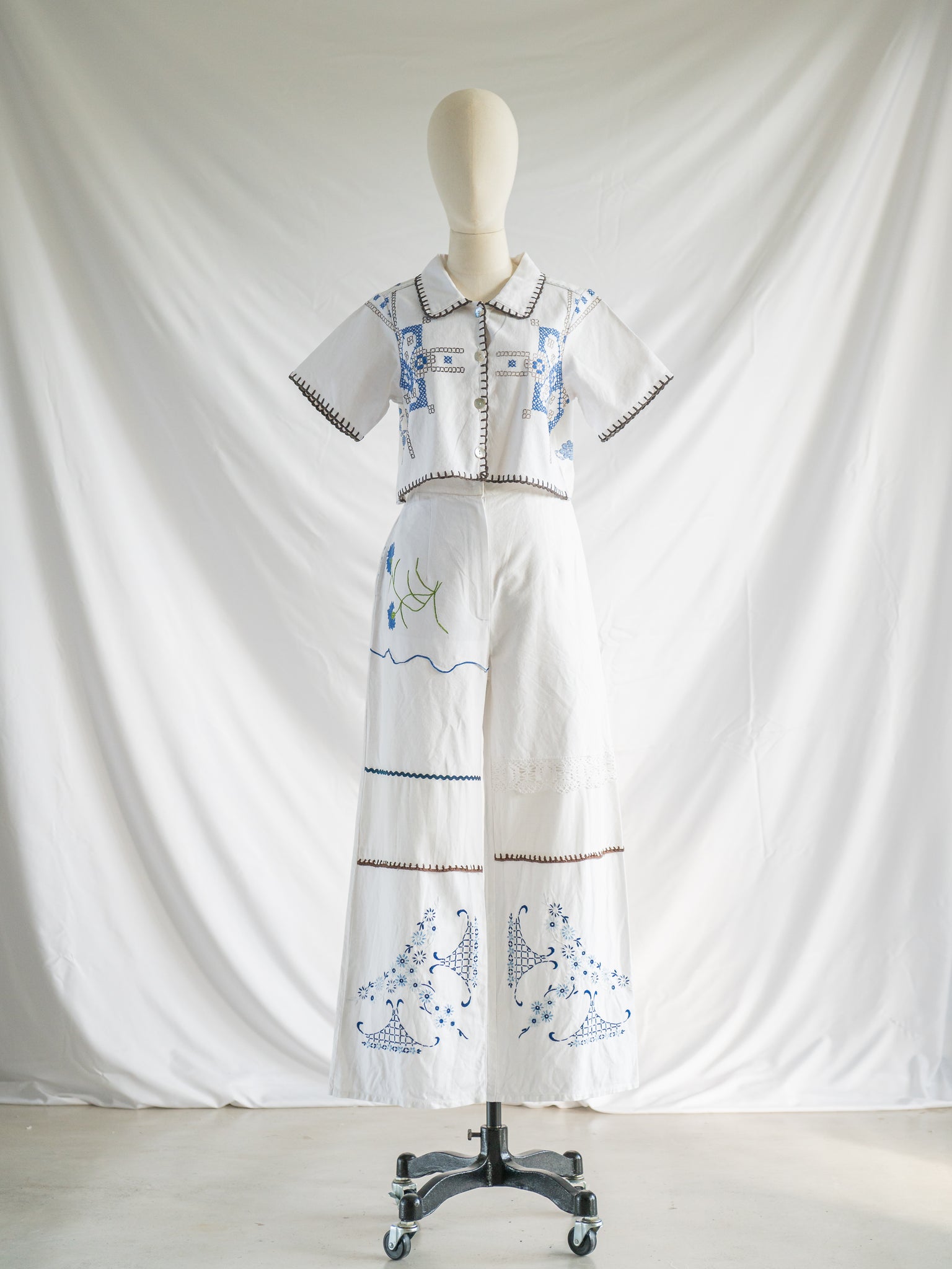 Re-design Upcycled Cotton Blue Embroidered White Set