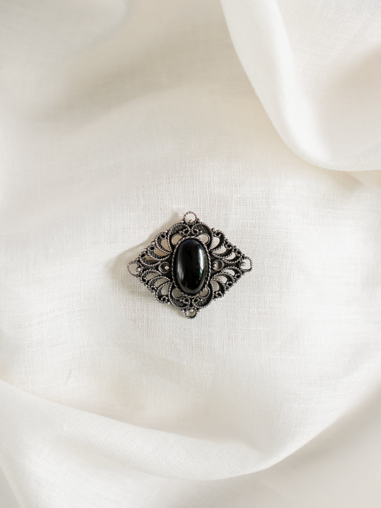 Vintage Oxidized Brooch With Black Semi-Precious Stone