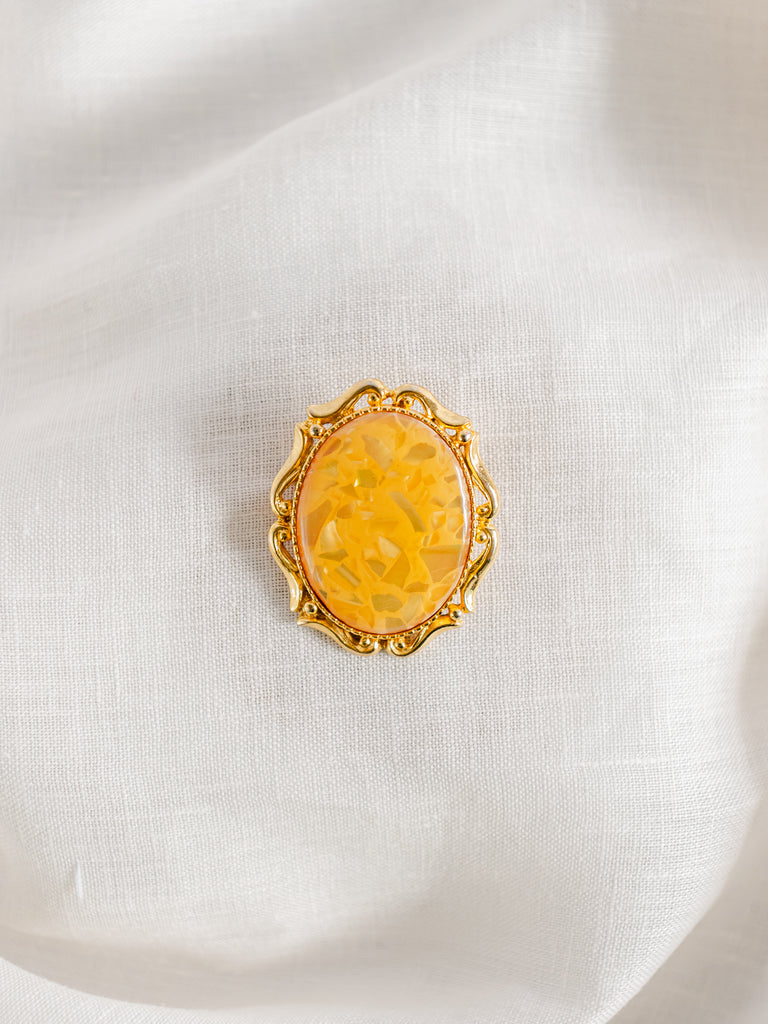 Vintage Intricate Border Yellow Stone Golden Brooch