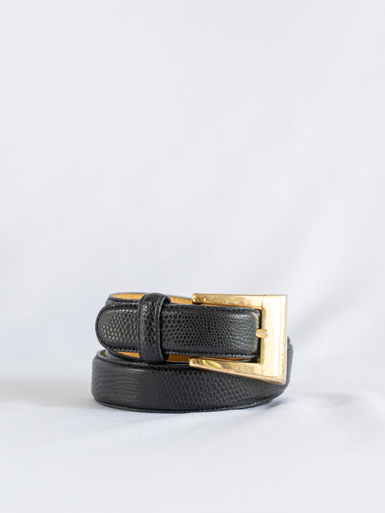Vintage Croc-Print Golden Frame Buckle Black Leather Belt