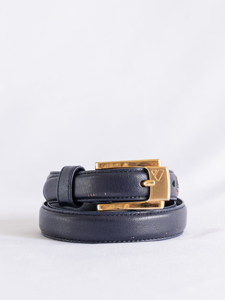 Vintage Engraved Gold Buckle Navy Blue Leather Belt