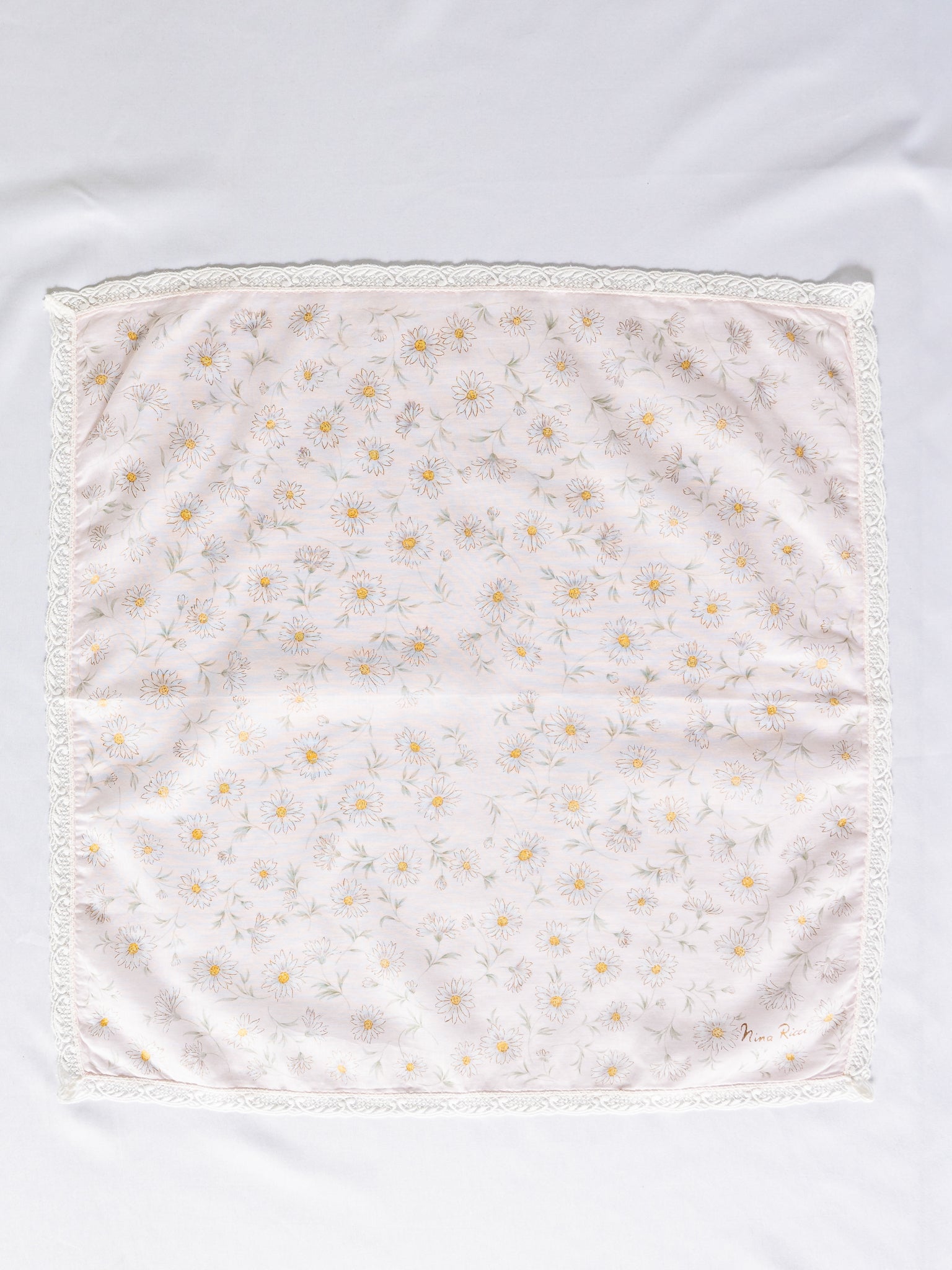 Vintage Nina Ricci Daisy Print Lace Border Cotton Handkerchief