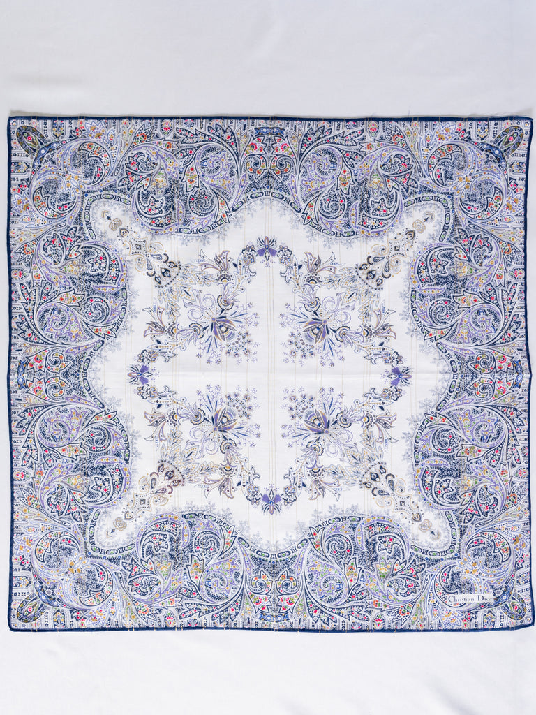 Vintage Blue Paisley Border White Cotton Handkerchief