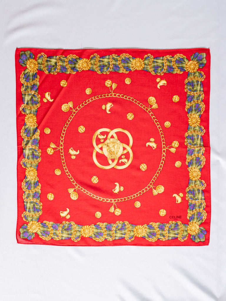 Vintage Gold Detailing Check Border Red Cotton Handkerchief