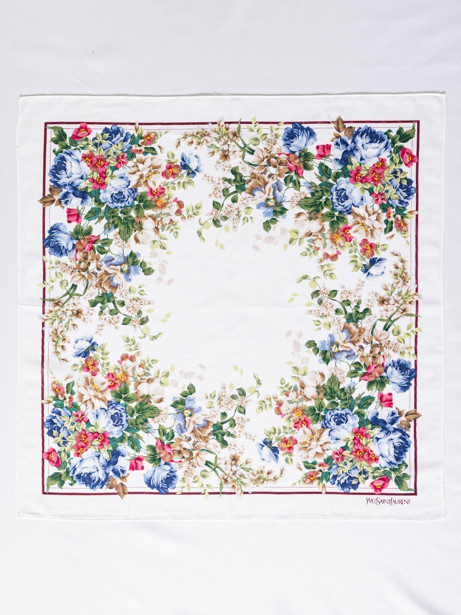 Vintage YSL Colorful Blossom Print White Cotton Handkerchief
