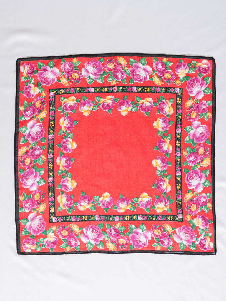 Vintage Cotton Floral Print Border Red Scarf