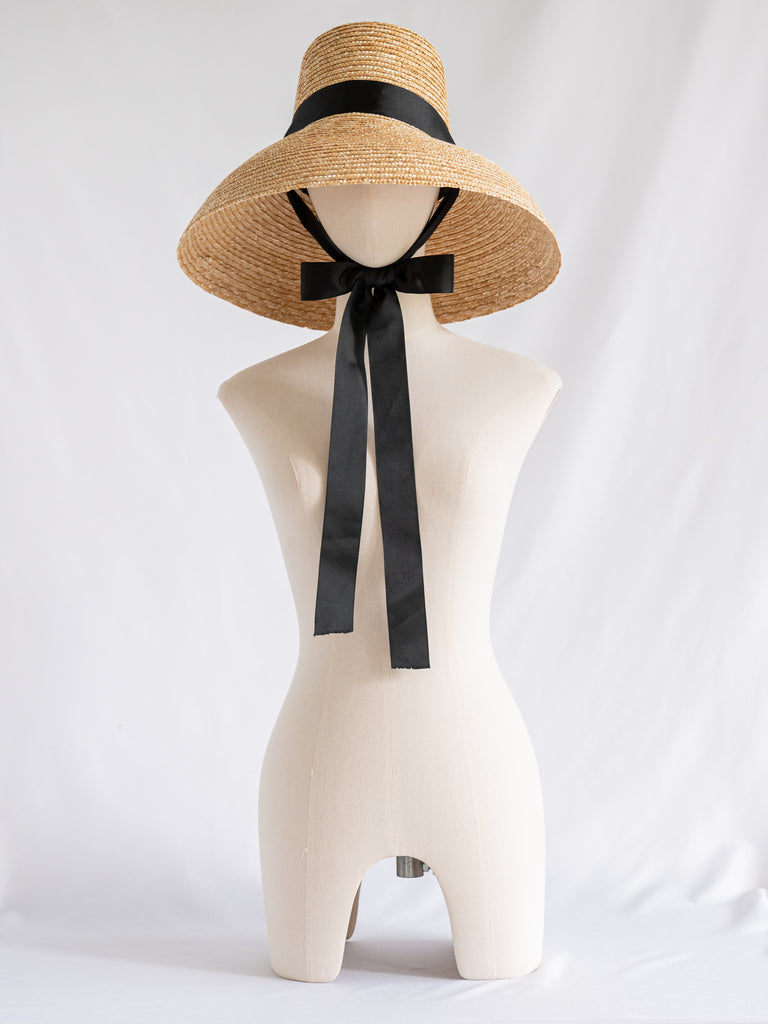 Vintage Rice Straw Sleek Black Chin Strap Bucket Hat