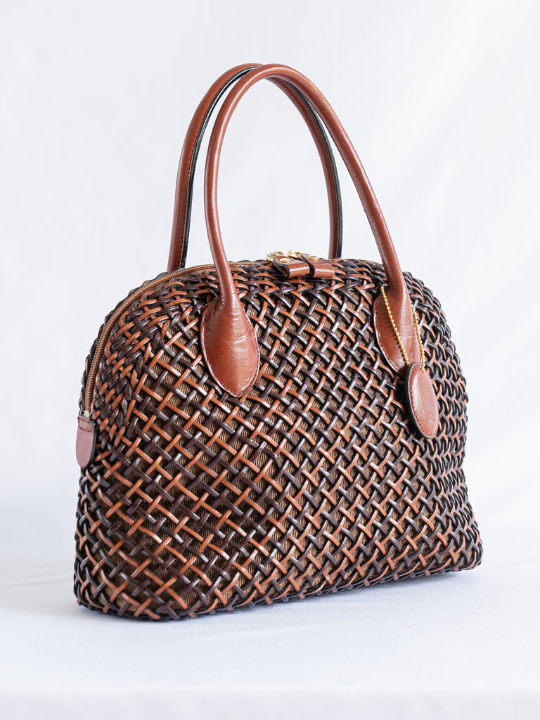 Vintage Brown and Black Leather Woven Dual Zipper Closure Satchel