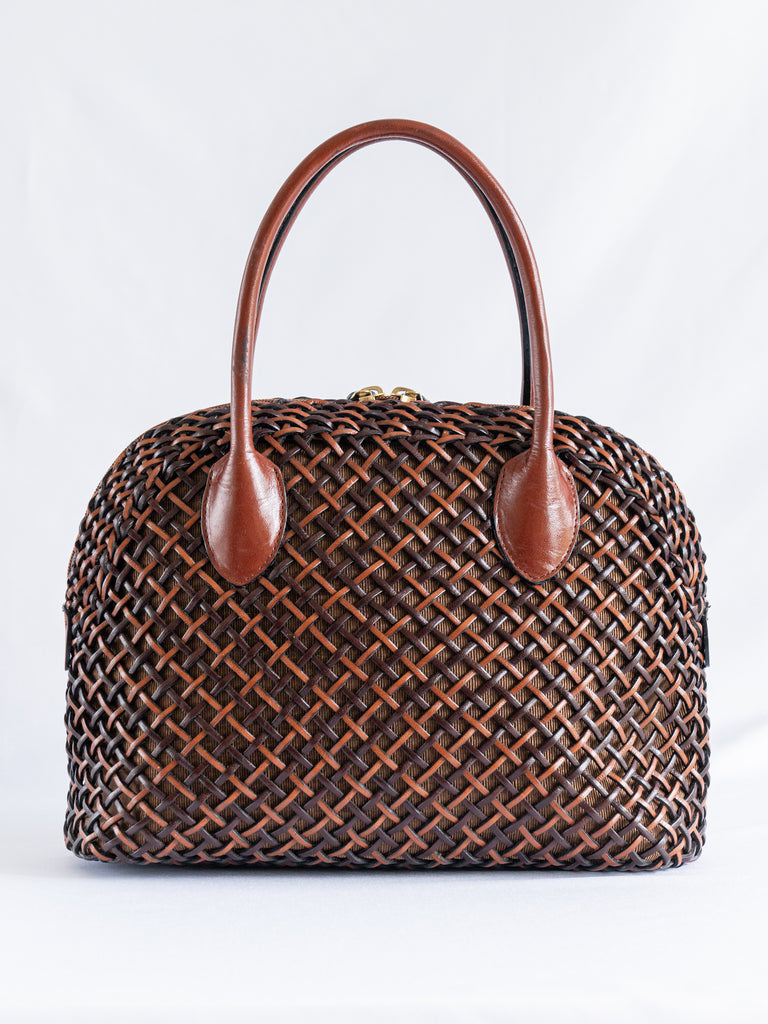 Vintage Brown and Black Leather Woven Dual Zipper Closure Satchel