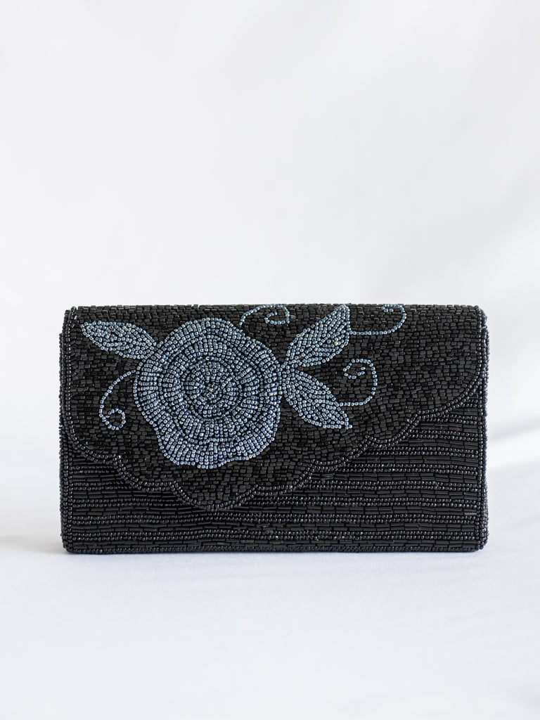 Vintage Grey Rose Detailing Beadwork Black Handbag