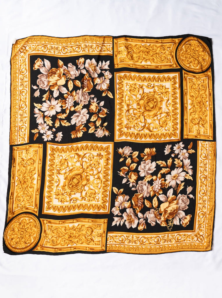 Vintage Bold Baroque Print White and Yellow Floral Silk Scarf