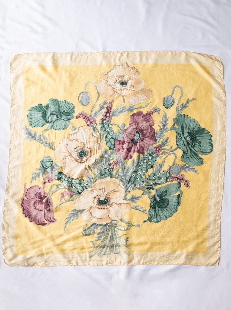 Vintage Bold Floral Print Yellow Silk Scarf