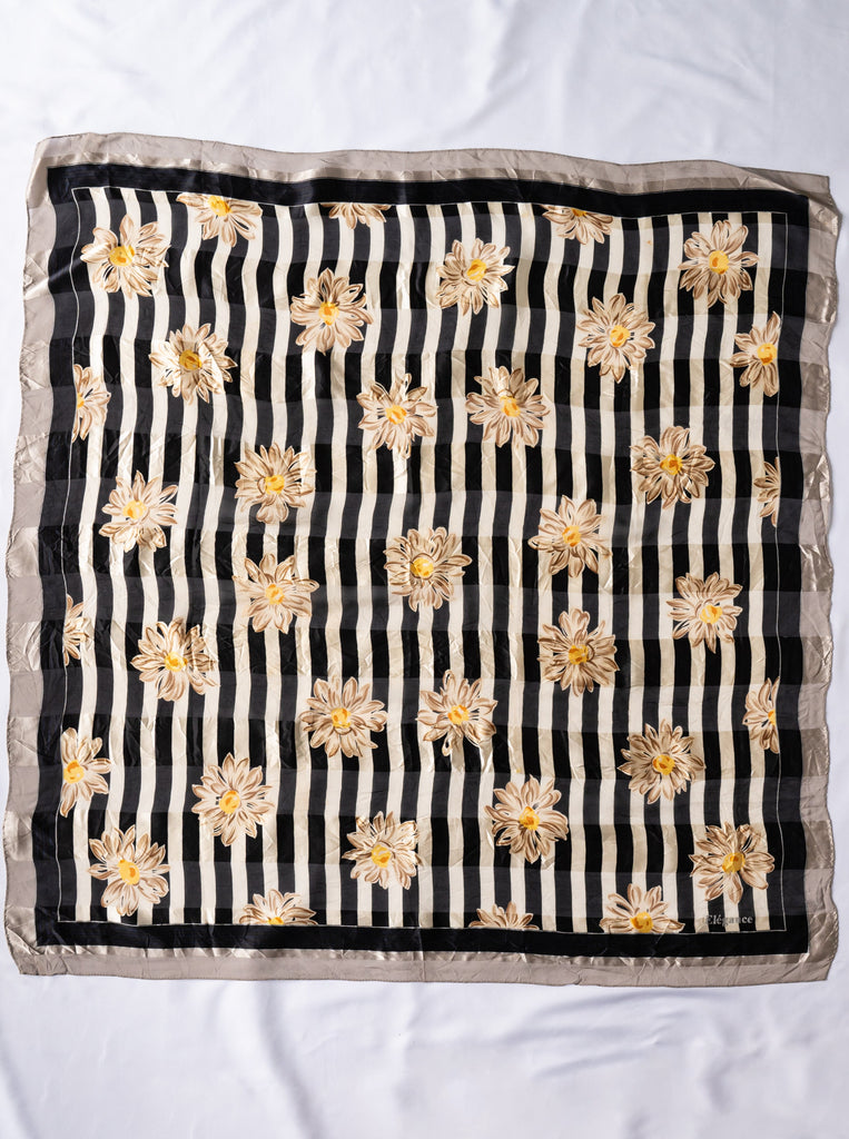 Vintage Sunflower Print Black and White Stripe Silk Scarf