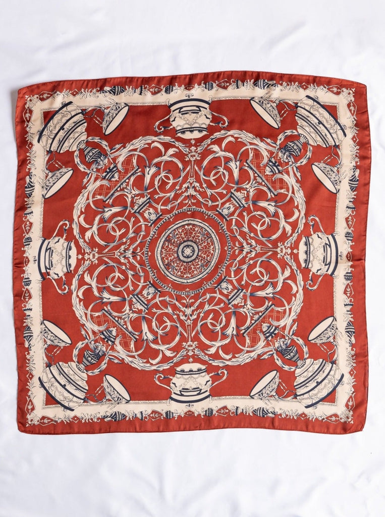 Vintage Chinese Crockery Mandala Print Red Silk Square Scarf