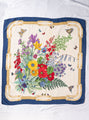 Vintage White Floral Bouquet Print Blue Border Silk Scarf