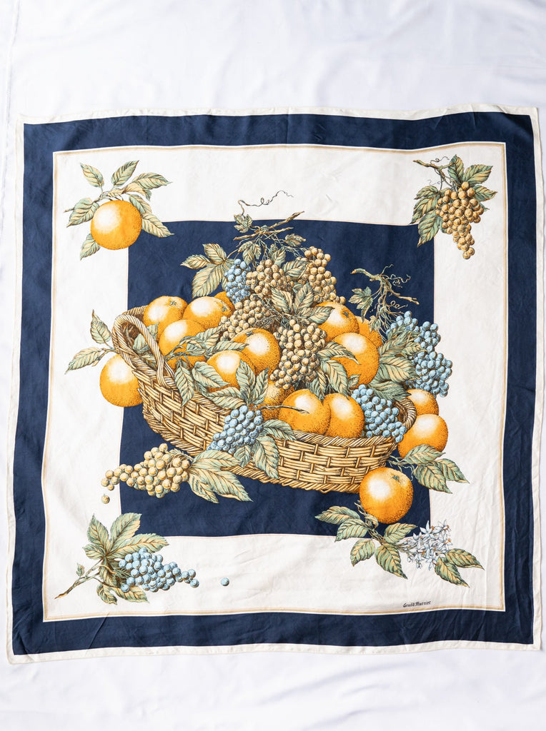 Vintage Fruit Basket Print Blue Border Silk Scarf