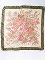 Vintage Pastel Floral Print Green Border White Silk Scarf