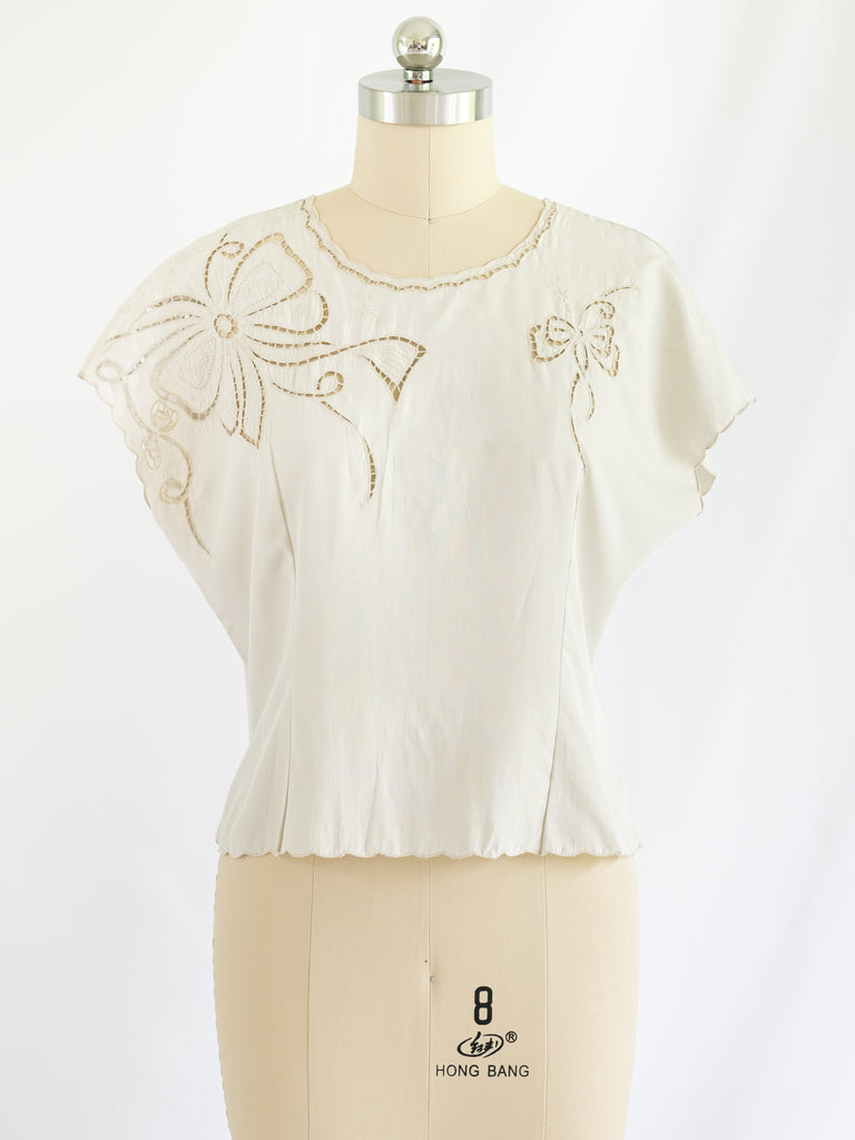 Vintage Scallop Neck Eyelet Detailed Floral Silk Blouse