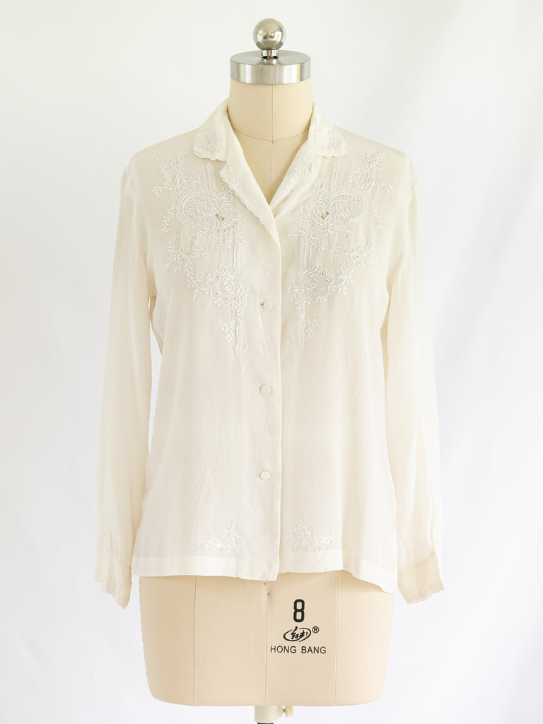 Vintage White Collared Full Sleeved Floral Silk Blouse