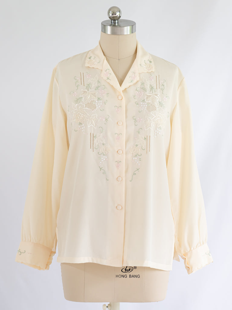 Vintage Silk Creamy Collared Floral Blouse