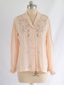 Vintage Floral Embroidery Collared Pink Silk Blouse