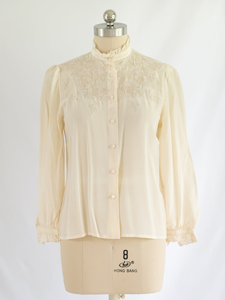 Vintage Ruffle Mock Neck Floral Embroidery Silk Blouse