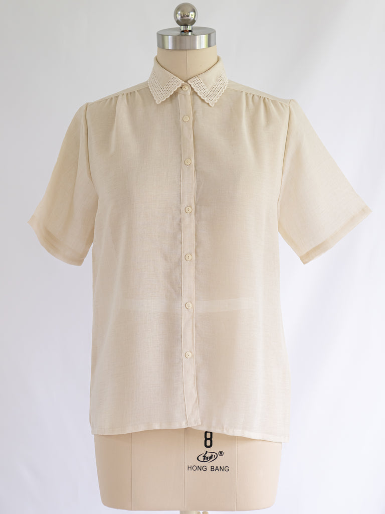 Vintage Polyester Lace Collared Button Up Blouse