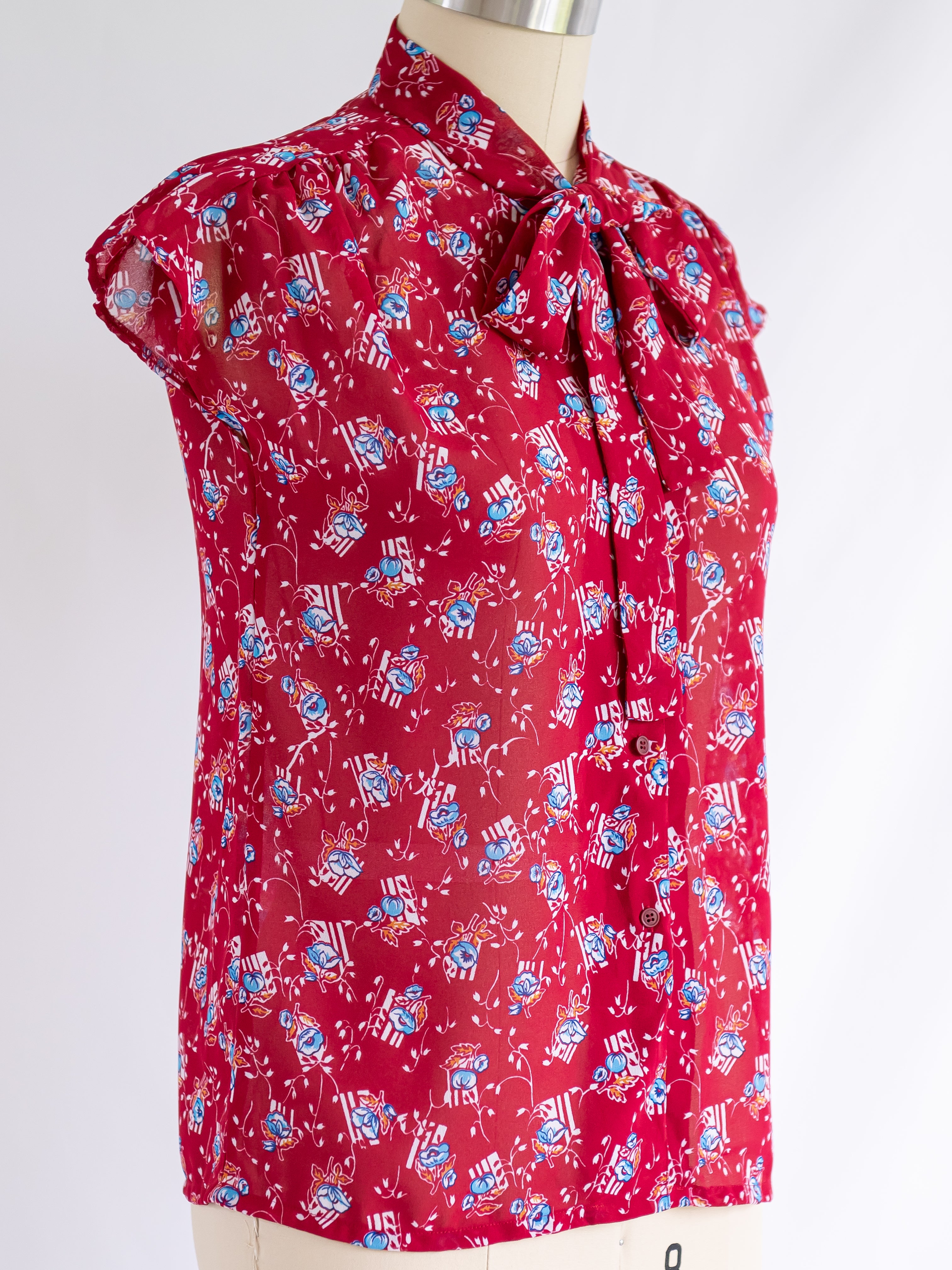 Sugar Cream Vintage Red Chiffon Floral Print Tie Neck Blouse Sugar Cream Vintage Red Chiffon Floral Print Tie Neck Blouse