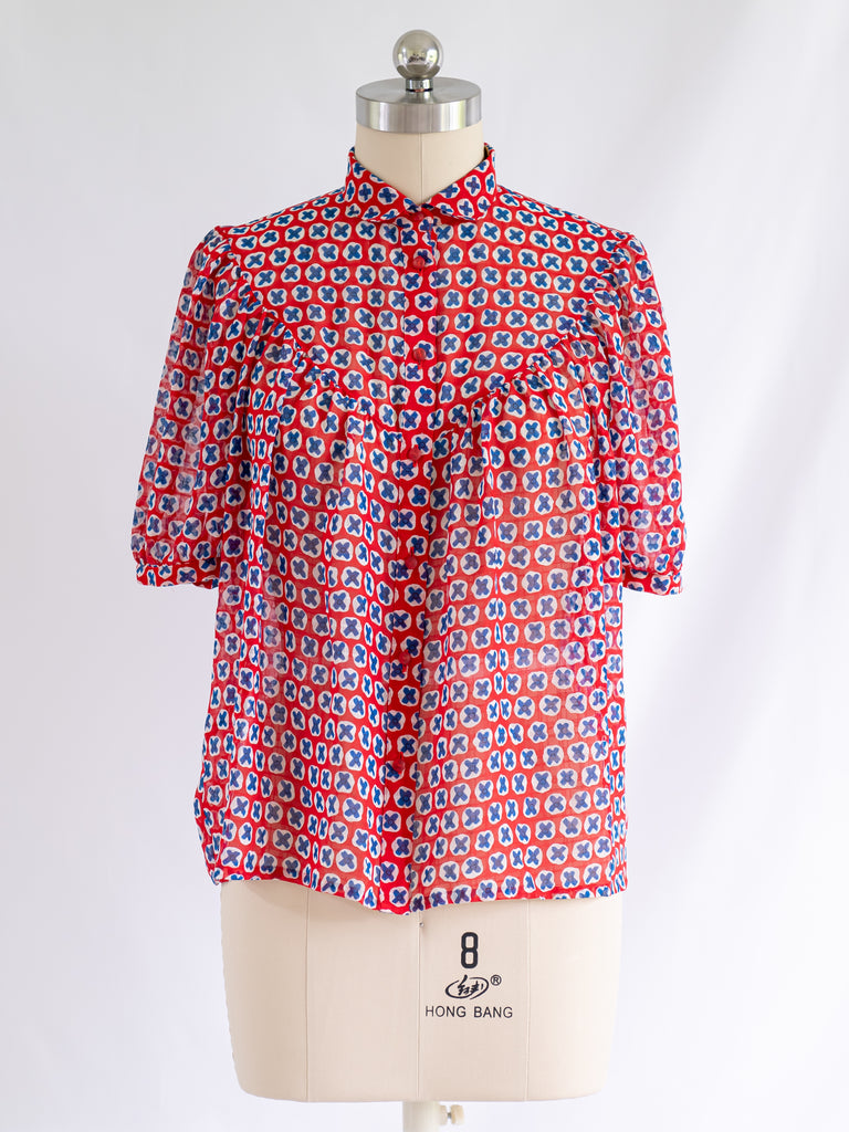 Vintage Red Chiffon Cross Print Collared Blouse