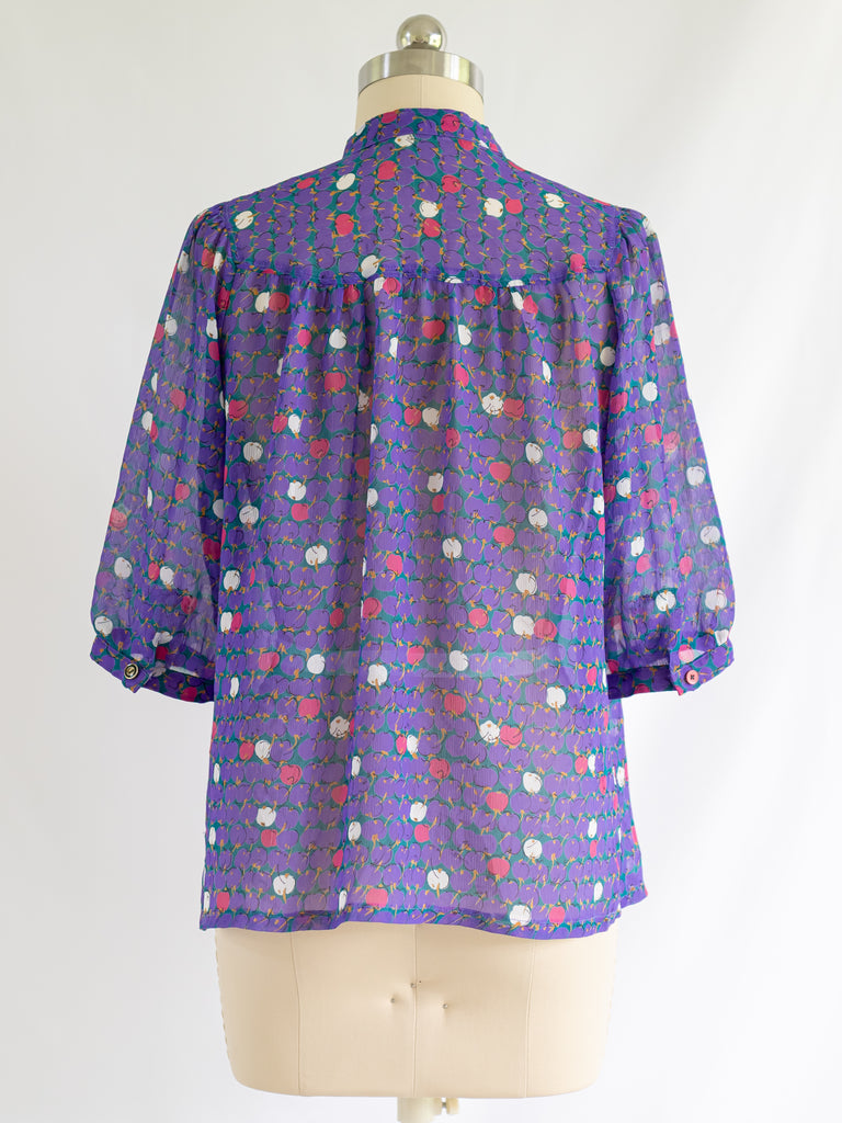 Vintage Purple Mandarin Collar Abstract Print Chiffon Blouse