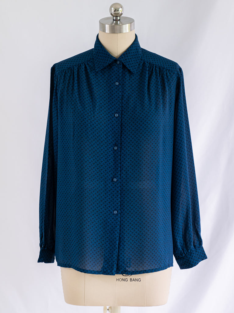 Vintage Chiffon Collared Blue Button Up Blouse