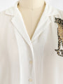 Vintage Leopard Print Collared White Chiffon Blouse
