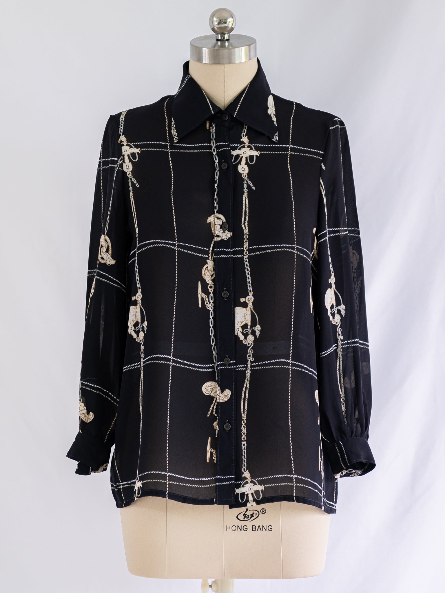 Vintage Collared White Nautical Print Full Cuff Sleeve Black Blouse