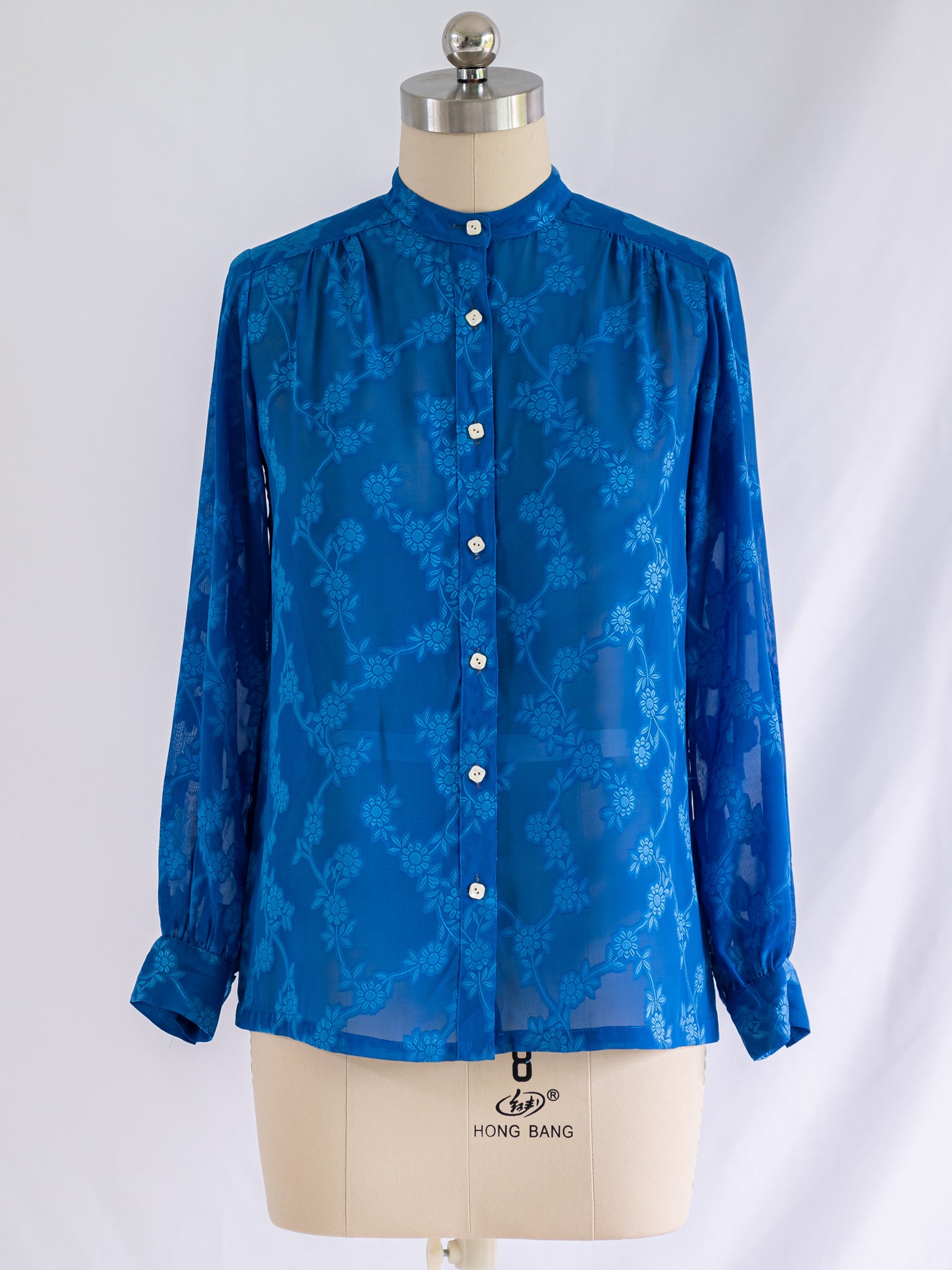 Vintage Mandarin Collar Jacquard Floral Blue Chiffon Blouse