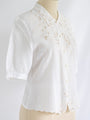 Vintage Linen Floral Embroidery Collared White Blouse
