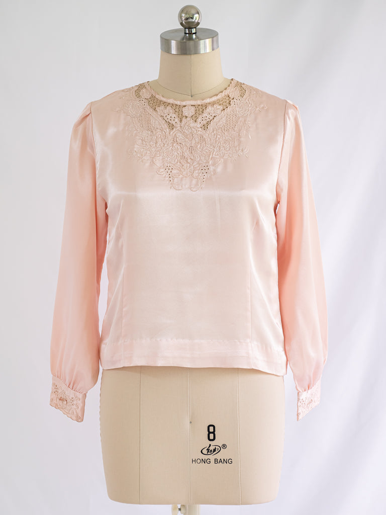 Vintage Full Sleeve Floral Embroidery Peach Satin Blouse