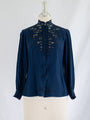 Vintage Mandarin Neck Cuff Sleeved Navy Blue Silk Blouse