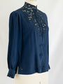 Vintage Mandarin Neck Cuff Sleeved Navy Blue Silk Blouse